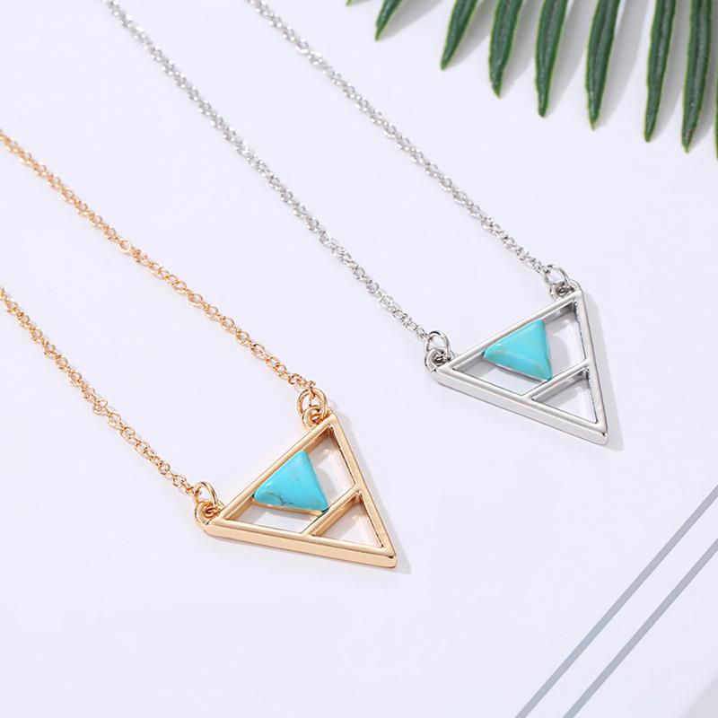 

2020 Vintage Triangle Pendant Necklace For Woman Gold Silvery Thin Link Chain Blue Stone Geometric Necklaces Jewelry Accessories