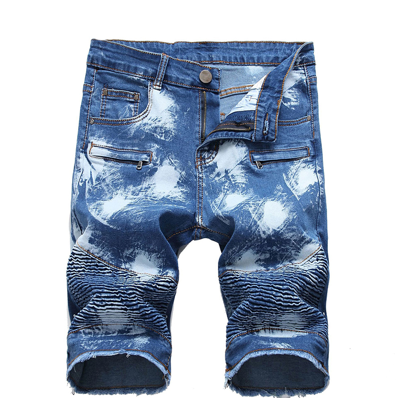 

Denim shorts distressed pleated jeans men's ripped washed hip-hop shorts plus size jeans Biker straight zipper pocket, 1761blue