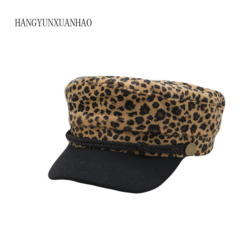 

Vintage Woolen Leopard Print Casual Hat Women Rope Flat Top Winter Cap Female Casual Baseball Hats Fashion Accessories