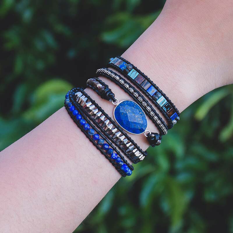 

Natural Lapis Stone Bracelet Vintage Leather Bracelet Boho Handmade 5 Wrap For Women and man Dropshipping