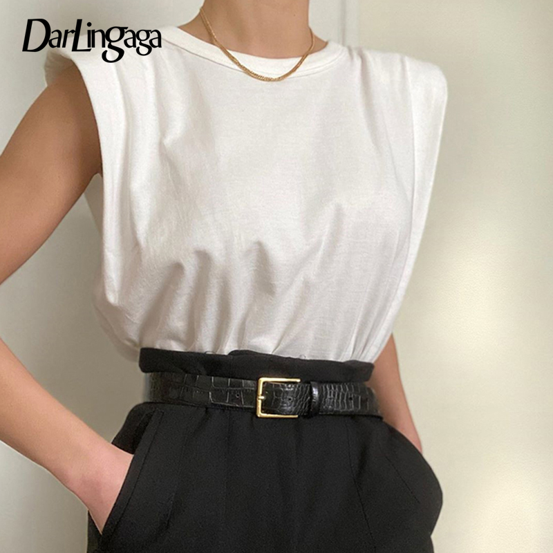 

Darlingaga Streetwear Cotton Solid White T shirt Women Summer Tops Muscle Tee Sleeveless Casual Loose Women' T-shirts Clothing, Black