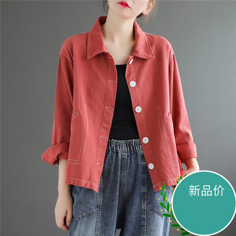 

Cotton Lapel Long Sleeve Short Jacket Female Spring Autumn New Solid Pocket Loose Casual Top Single Breasted Shirt Coat K1024, Khaki