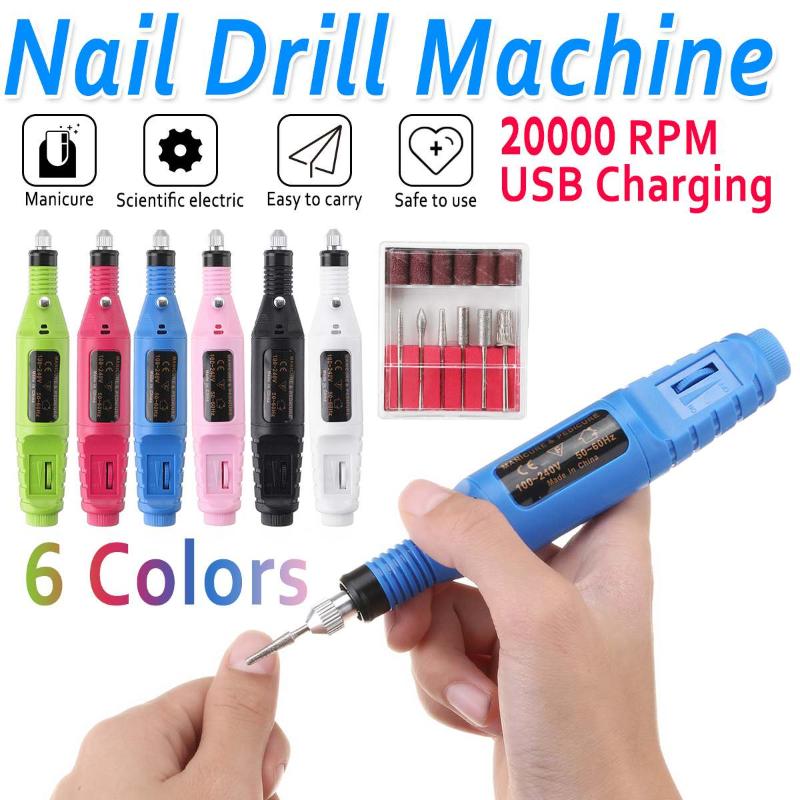 

20000RPM USB Charging Electric Nail Grinder Drill Portable Manicure Pedicure Nail Machine with 6 Grinding Heads Gel Remove