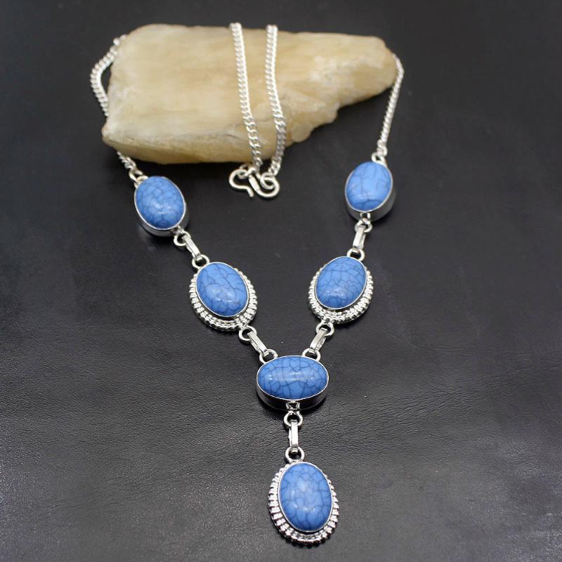 

Chains Quality Fashion Blue Turquoise925 Sterling Silver Color Charms Pendant Necklace 19 Inch TF1060