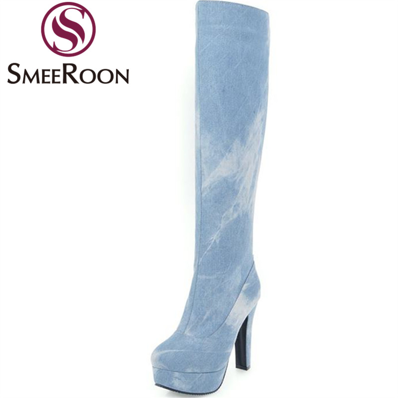 

Smeeroon fashion knee high boots for women classic round toe sexy high heels boots zipper warm winter popular shoes, Light blue