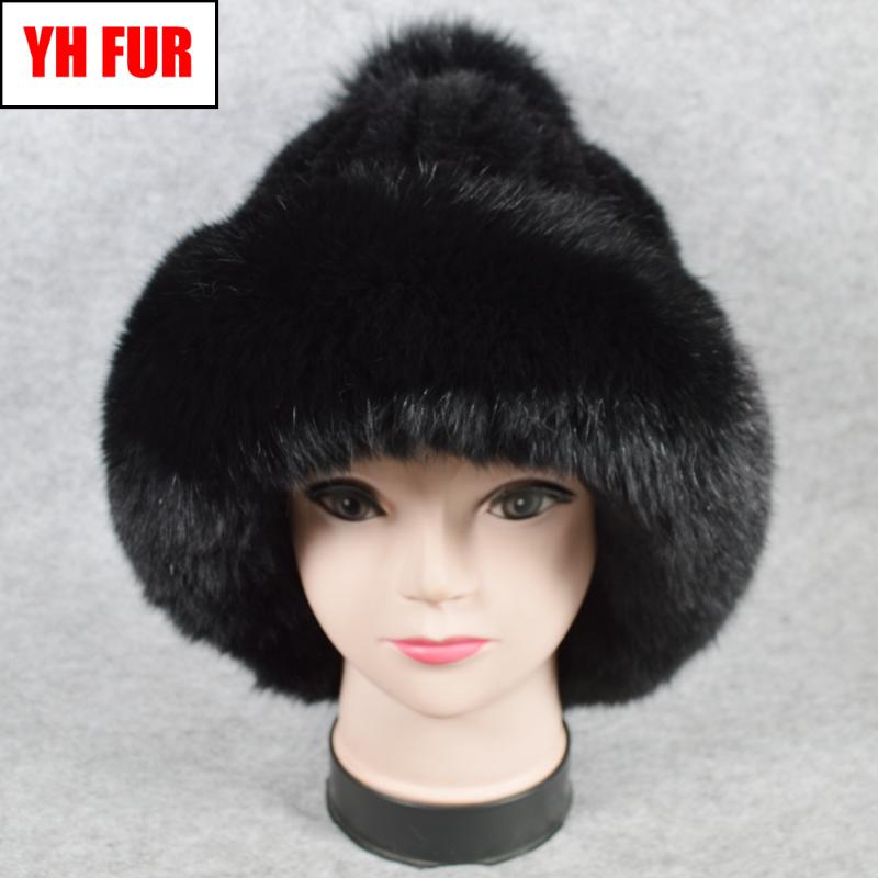 

Lady Winter Luxury Knitted Real Genuine Fur Hats Women Real Caps Beanies Party Fashion Hat Skullies, Black