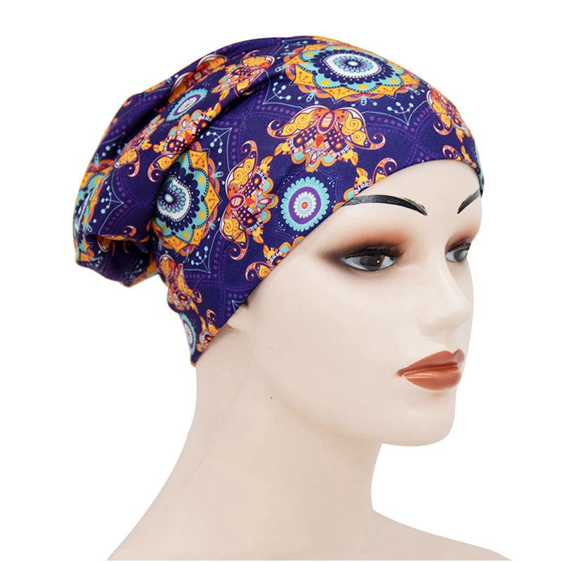

Muslim female satin silky inner hair bonnets cotton printed outer slouchy caps double layers beanie sleeping cap TB-84