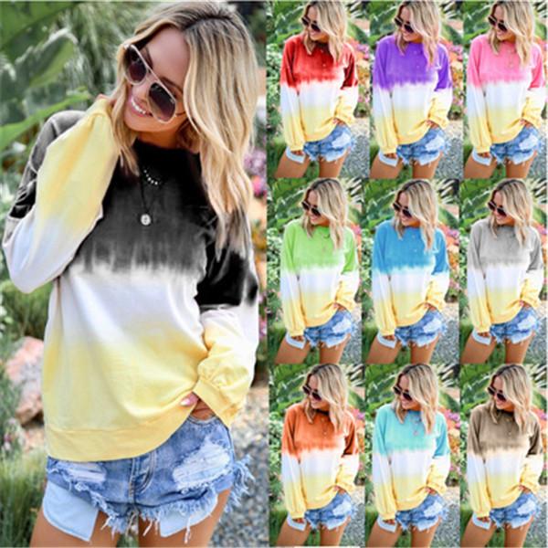 

2019 autumn and winter women's explosive top rainbow gradient printed long-sleeved round neck hip-hop women's sweater, Kg-12