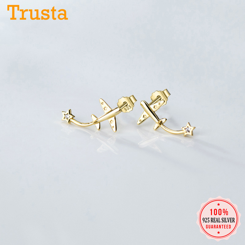 

Trusta Minimalist 925 Sterling Silver Gold Plane Aircraft Dazzling Blue CZ Stud Earrings For Women Wedding Jewelry Gift DS1908