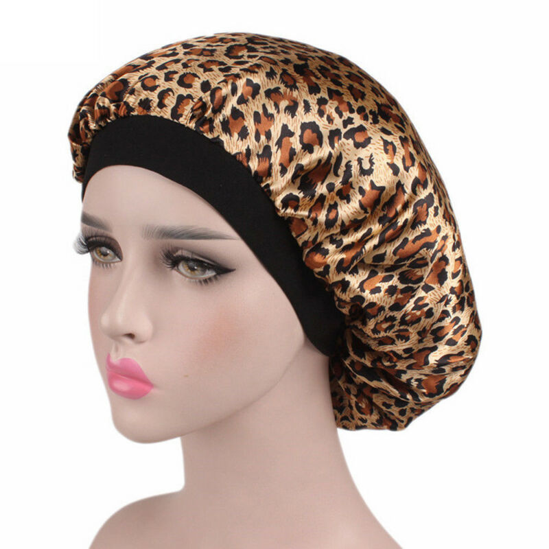 

Women Satin Night Beauty Salon Sleep Shower Cap Cover Leopard Print Hair Hat Silk Head Wide Elastic Band Springy Hair Cap
