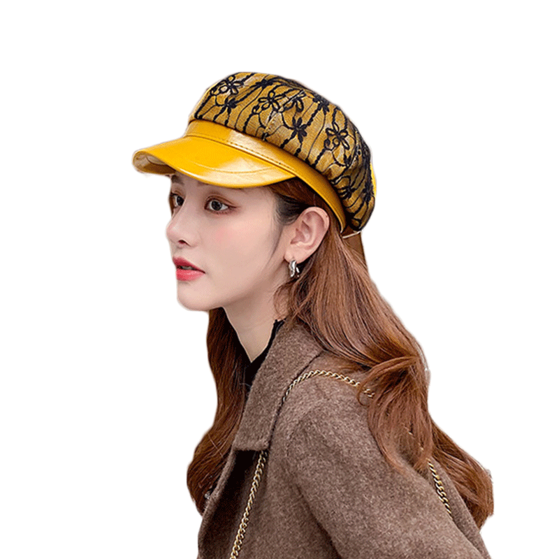 

Sparsil Autumn&Winter Woman Lace Stitching Berets Female Faux Leather Patchwork Octagonal Cap Solid Adjustable Casual Artist Hat, Black