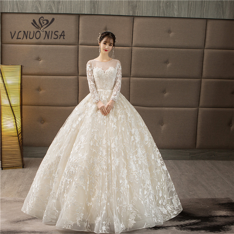 

Custom Plus Size Ball Gown Wedding Dresses 2020 Illusion Lace Appliques Pearls Bridal Gowns Sweet O-Neck Vestido De Novias, Ivory