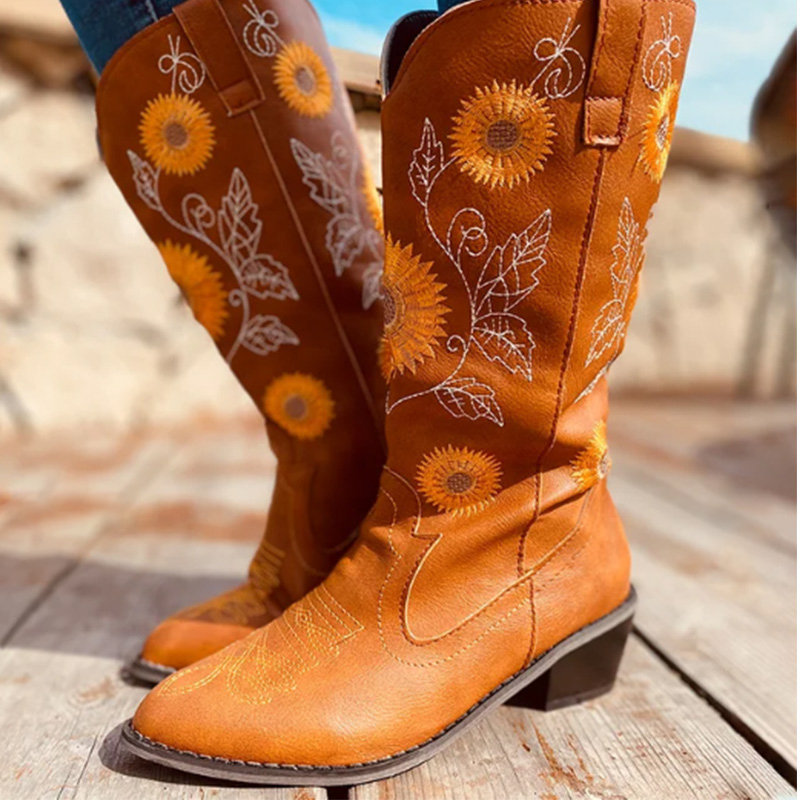 

Women's Mid-Calf Boots Ladies Pointed Toe Woman Embroidery Low Heel Shoes Women Footwear Fashion Female Pumps Plus Size 43, Brown