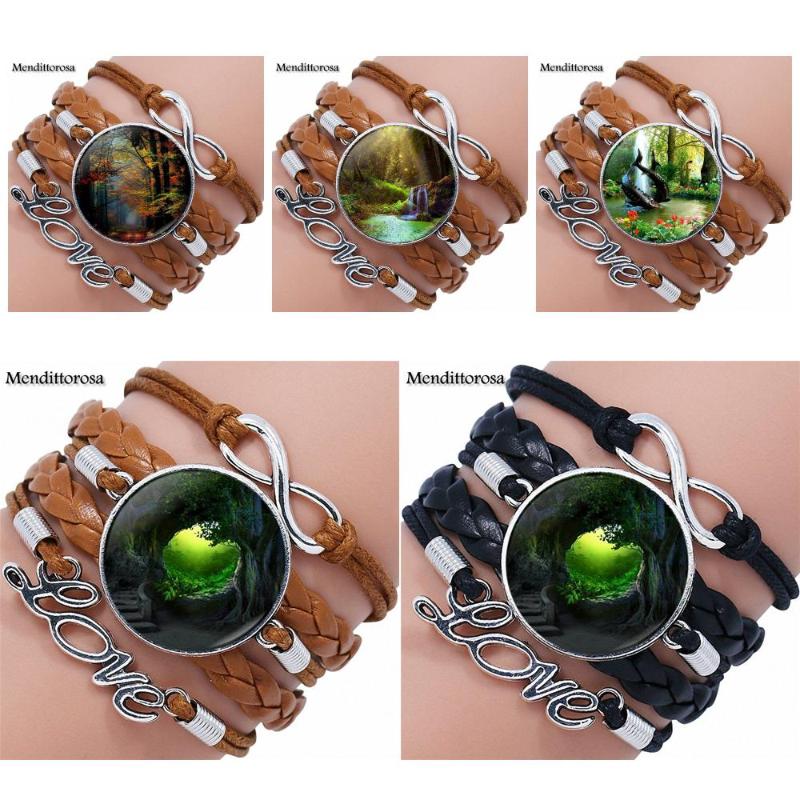 

For Unisex Beautiful Scenery New Arrival Glass Multilayer Black/Brown Leather Bracelet Bangle Statement Women Round Jewelry