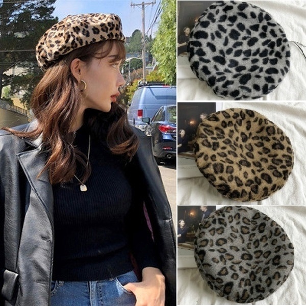 

Fashion women hat Leopard Berets Warm Winter Women Beret Braided Baggy Knit Hook Beanie Hat Ski Cap, Lightgrey