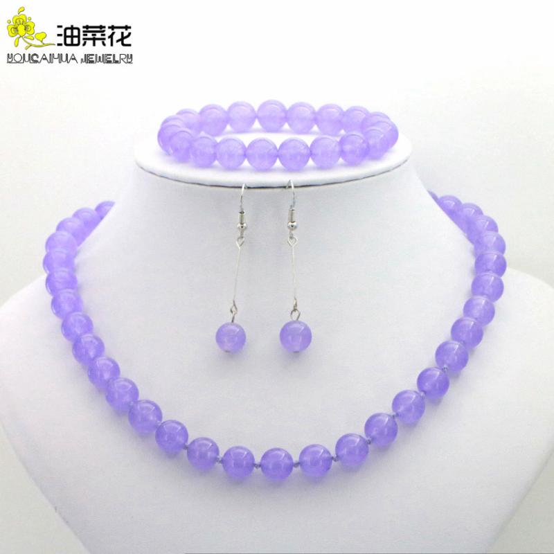 

hot new Fashion 10mm Natural Lavender jades Chalcedony Round Beads Necklace Bracelet Earrings Hand Made Jewelry Sets Grade, As pic
