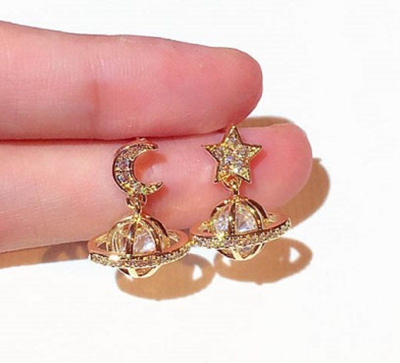 

New ins fashion stylish Lovely Sparkling diamond zircon moon star UFO pendant stud earrings for women girls
