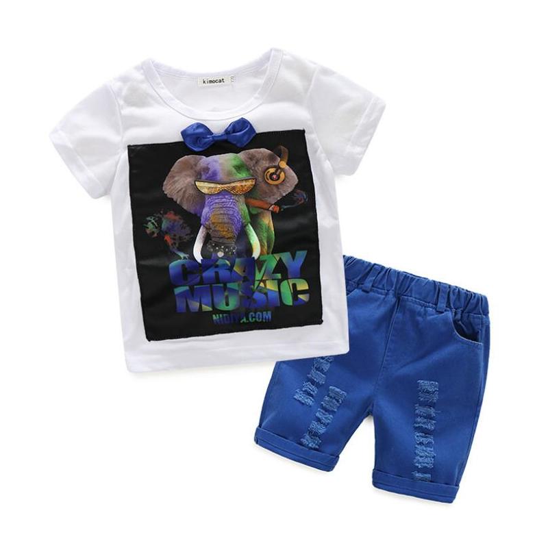 

2019 Summer Boys Clothing Set Cartoon The elephant Baby boy Children Short Sleeve T-shirt and Hole pants 2 pcs Kids Clothes Spor, Black