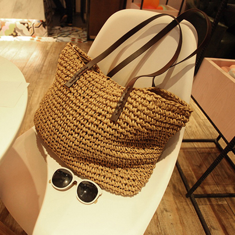 

Women Handbag Summer Beach Bag Rattan Woven Handmade Knitted Straw Large Capacity Totes Leather Women Shoulder Bag Bohemia New, Green