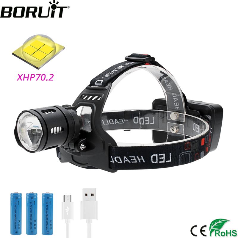 

BORUiT T30 LED Headlamp High Power XHP70.2 3500LM Headlight 3-Mode Zoom Power Bank Head Torch Rechargeable 18650 Hunting Lamp