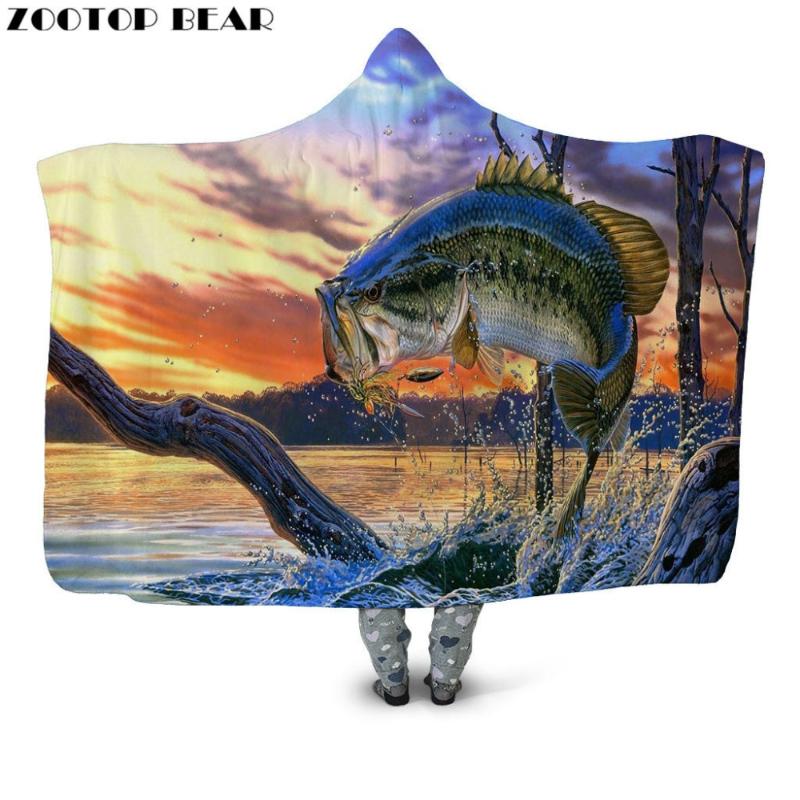 

Fishing Animal Throw Hooded Blanket Couple 3D Printing Fashion Anime Fleece Wearable Bedding Plush Casual Soft Office Adults