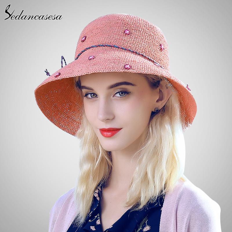 

Sedancasesa Sun Hats Summer Women Wide Brim Raffia Straw Hats Ladies Floppy Hat UV Protect Folding Beach For Girls SW105113, Rust red 57cm