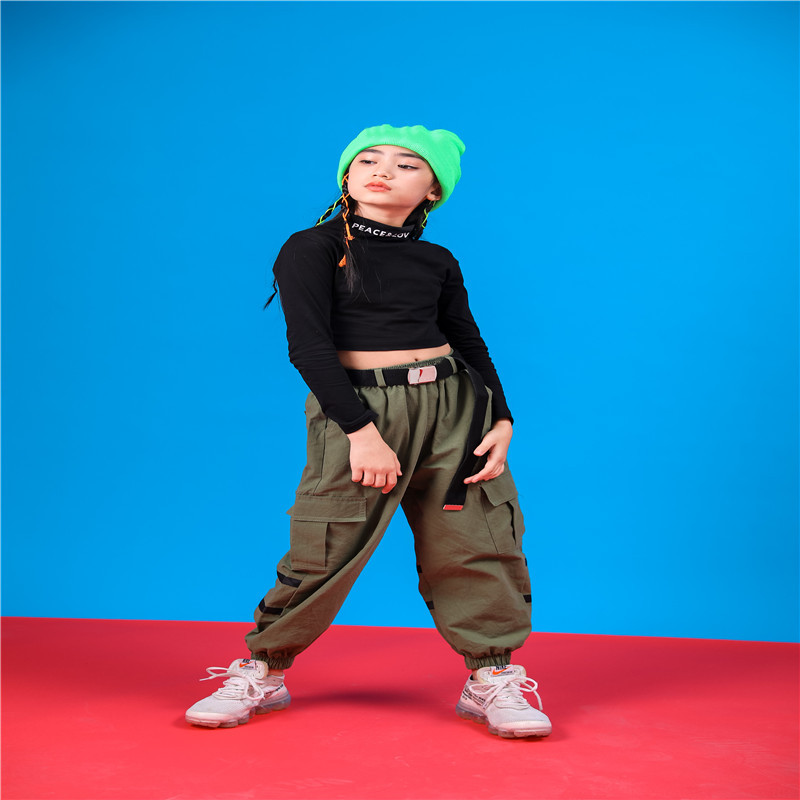 

Black Long Sleeve Crop Top For Girl Hip Hop Dance Costumes Kids Stage Performance Clothing Children Wear Girls Jazz Outfits