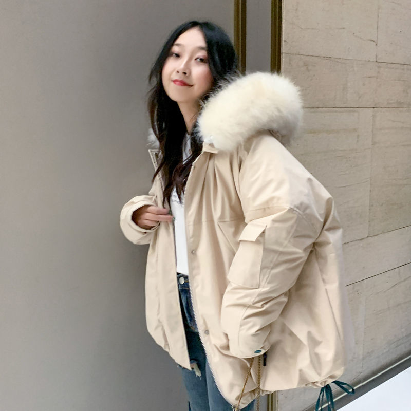 

2020 New Winter Women Fuax Fur Collar Hooded Coat Female Warm Thick Down Cotton Jackets Harajuku Short Oversized Parkas P57, Black