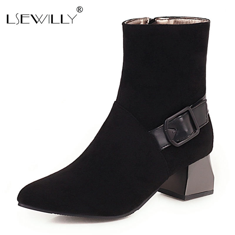 

Lsewilly 2020 new ankle boots women leopard pointed toe buckle zip thick heel casual shoes fashion autumn winter boots woman, Black