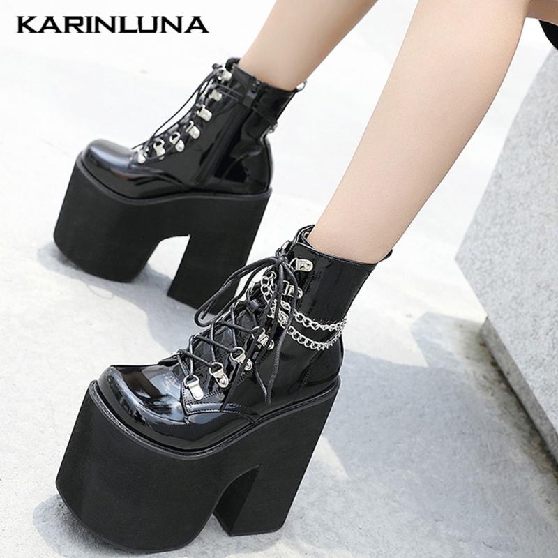 

Karin Hot Sale Top Quality Sale Shoes Woman Punk Chains Cross-tied Sqaure Thick Heels Platform Ankle Autumn Female Boots, Black