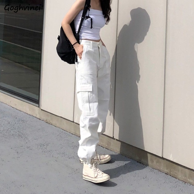 

Casual Pants Women Solid Simple Pocket BF Pleated Feet Tie Baggy Hip Hop Womens All-match Teenagers Daily Streetwear Harajuku, 373 white
