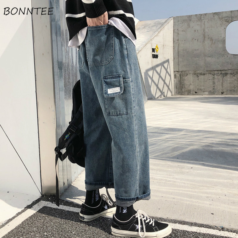 

Jeans Men Wide Leg Pockets Solid Zipper Plus Size 3XL Ankle-Length Mens Harajuku Trendy Streetwear Ulzzang Couples Loose Chic, Black