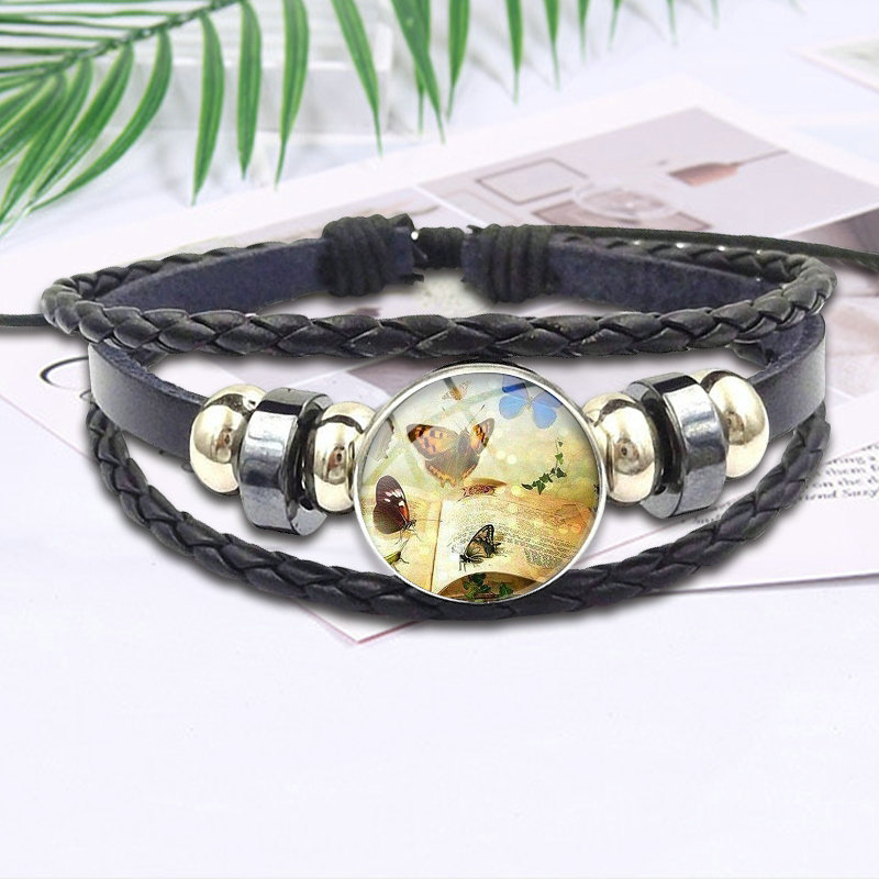 

Beautiful Bejeweled Butterfly Fashion Jewelry Cabochon Glass Black Leather Bracelet Bangle For Schoolgirl Maxi