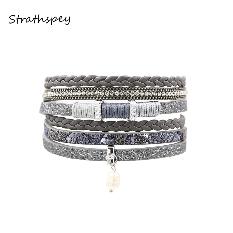 

Bracelet PU leather Bracelets&Bangles For Women Bohemia Handmade Pearl And Crystal Set Flower Rhinestone Black/Grey/Brown/Blue