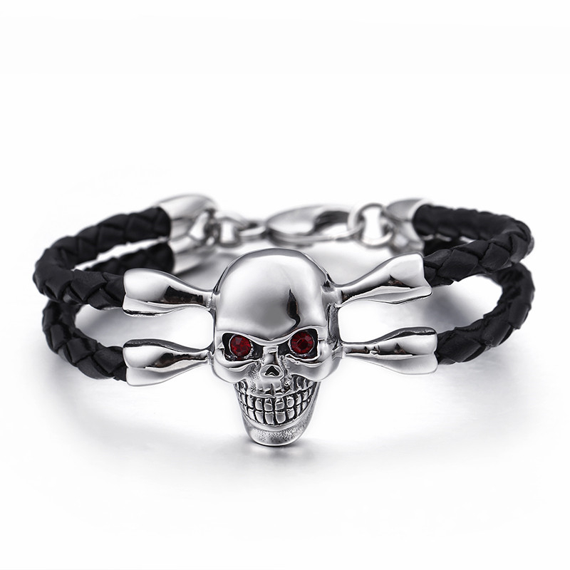 

Retro Double Layer Braided Leather Bracelets For Men 22cm Punk Stainless Steel Red Eyes Skull Charm Bracelet Biker Jewelry