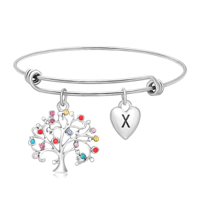 

SENFAI popular Popular Metal Expandable Wire letter charm bangle Adjustable Colorful Crystal Tree pendant bracelet
