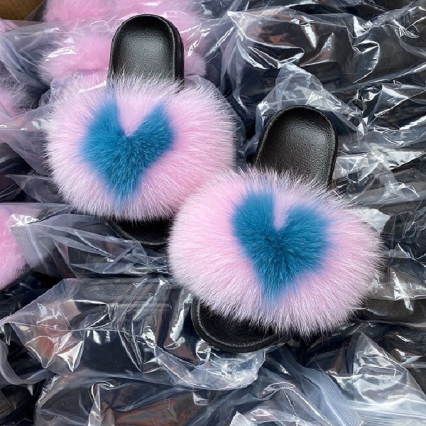 Lovely cute sweet pink blue heart 38 colors fashion designer casual home real fox fur eva flat sandles slippers for women men girls