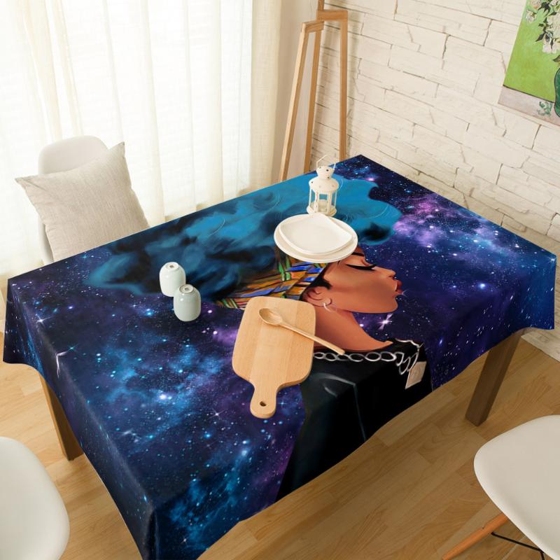 

African Black Women Blue Starry Sky Cotton Linen Tablecloth Spandex Elastic Dining Chair Cover Table Cloth for Kitchen Decor, As pic