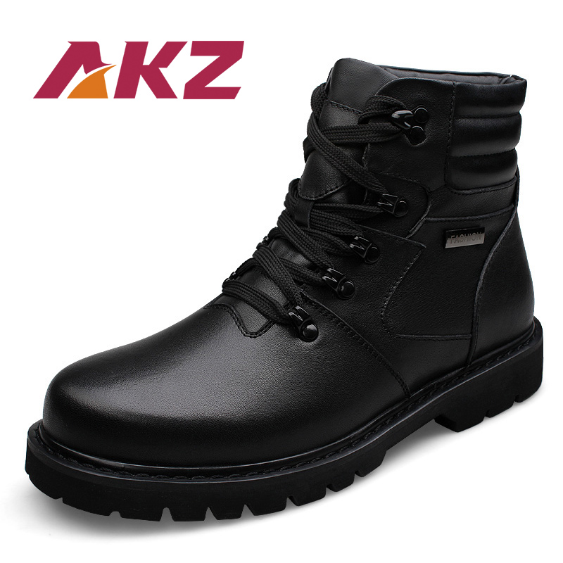 

AKZ New Arrival Genuine Cow Leather Men's Ankle Boots Winter Fur Warm Snow boots High Quality Male Work Lace up size 37-48, Black