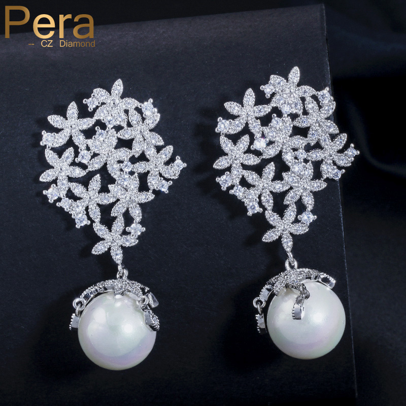 

Pera Women Hollow Out Clean White Cubic Zirconia Elegant Bridal Big Flower Drop Pearl Earrings for Wedding Banquet Party E209