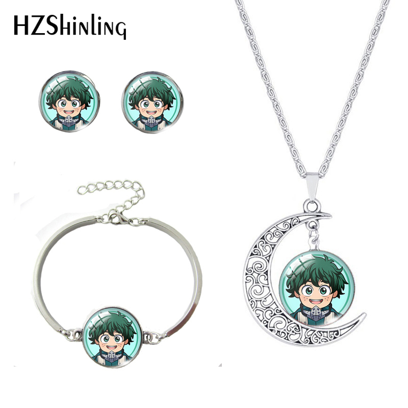 

My Hero Acadmia Anime Pattern Cartoon Necklace Bractlet Earrings Moon Jewelry Glass Dome Cabochon Accessories, As pic