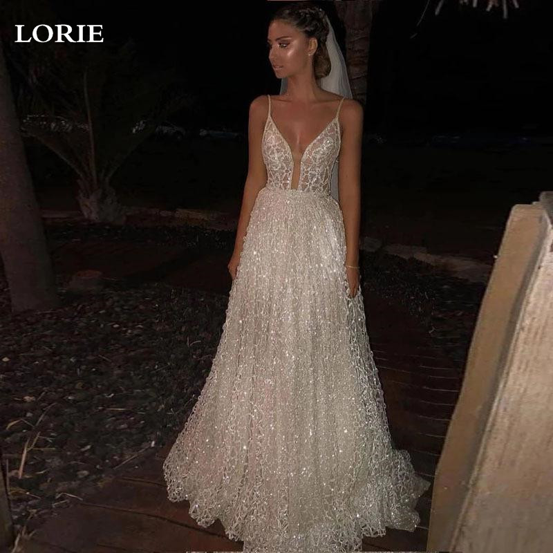 

LORIE A Line Princess Wedding Dresses Sexy Spaghetti Strap Glitter Tulle Bridal Gowns vestidos de novia Custom Made, Champagne