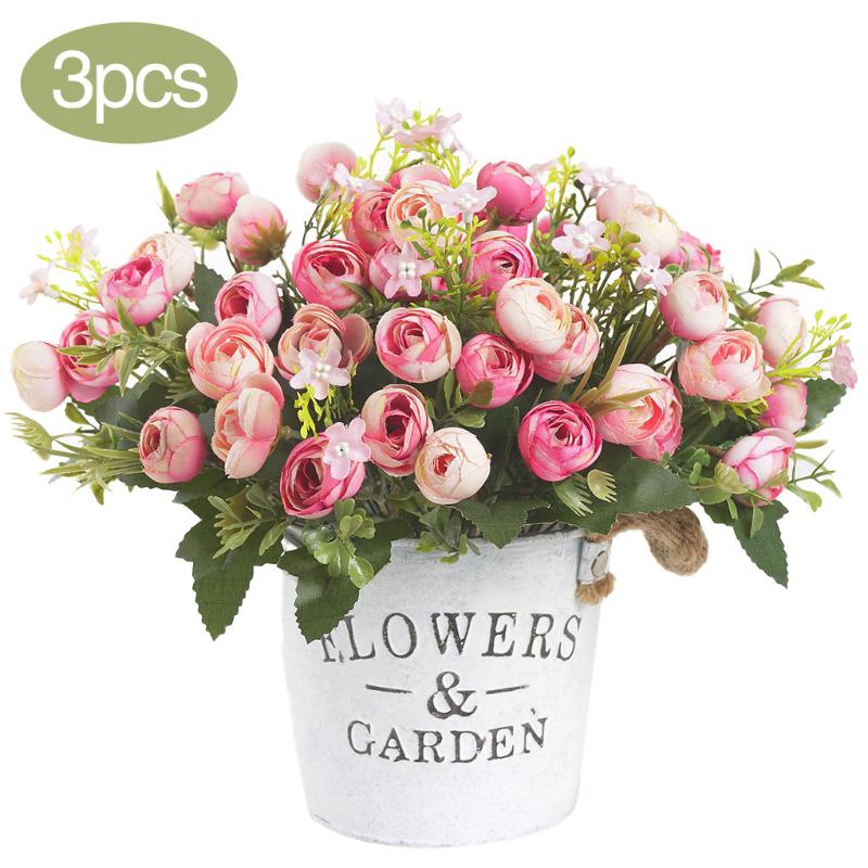

3pcs Artificial Flower Bouquet Home Office Desktop Silk Cloth Fake Floral Decor Rose Bud Bouquet