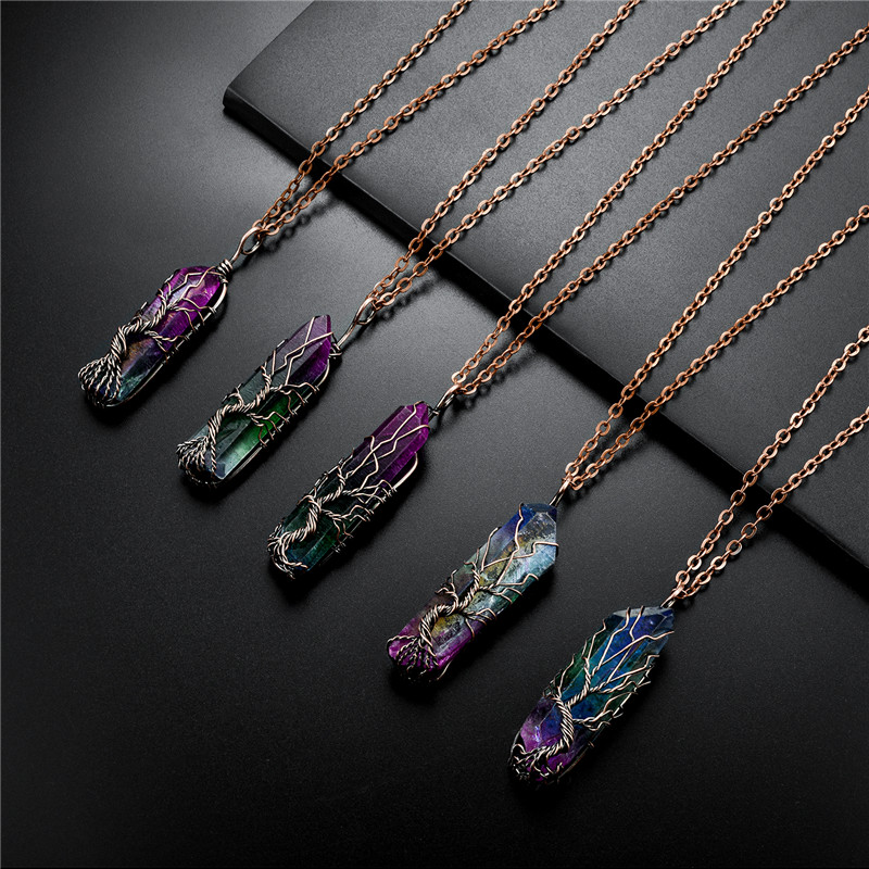 

SEDmart 7Chakra Rainbow Natural Stone Copper Wire Pendant Necklace for Women Men Long Chain Tree of Life Statement Jewelry Gift