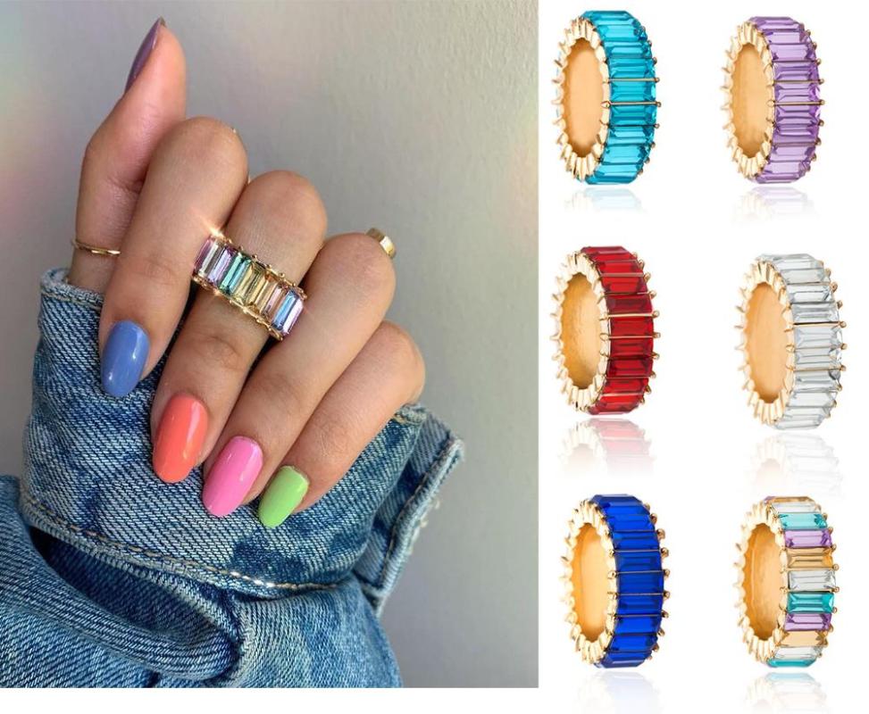 

2020 New Hot Sale Thin Baguette Rainbow CZ Gold Ring For Women Fashion Engagement Wedding Band Top Quality Charm Jewelry