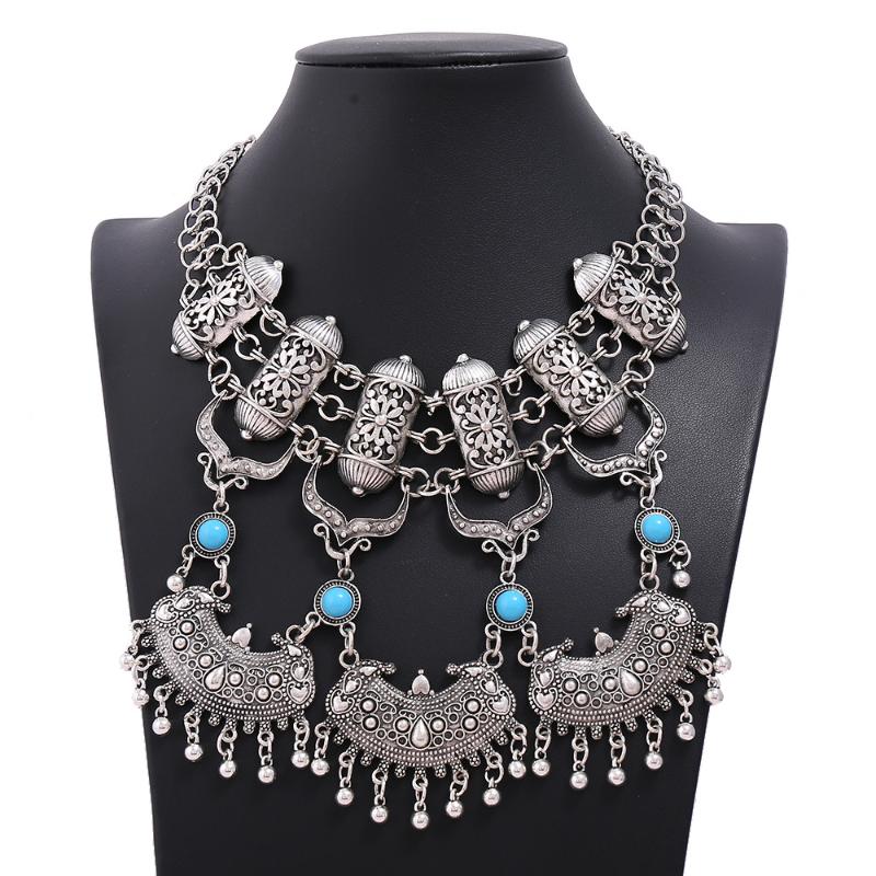 

Bohemian Vintage Statement Necklace 2020 Women Ethnic Style Antique Alloy Carved Tassel Chokers Necklace