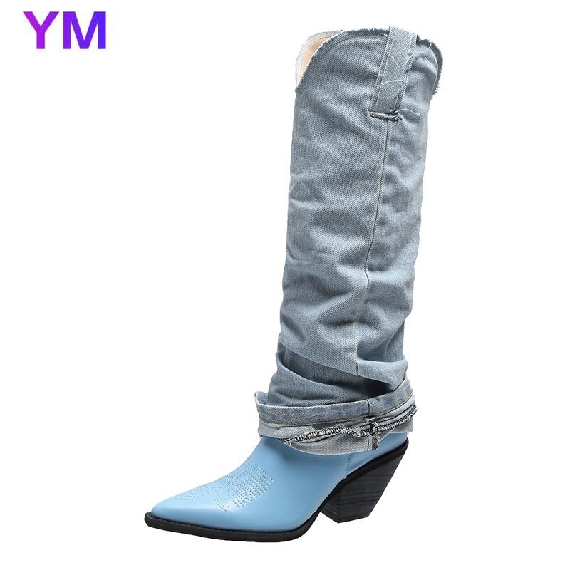 

2020 Autumn Winter New Pointed Toe Thick Heel High Heel Denim Blue Mid-tube Boots European American Fashion Female Knight Boots, Black