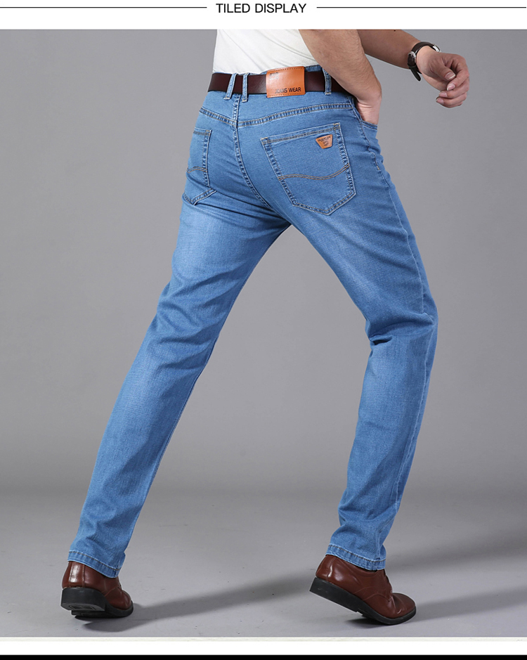 

Light Blue High Elastic Jeans Men Straight Soft Easing Trend LinYe1052