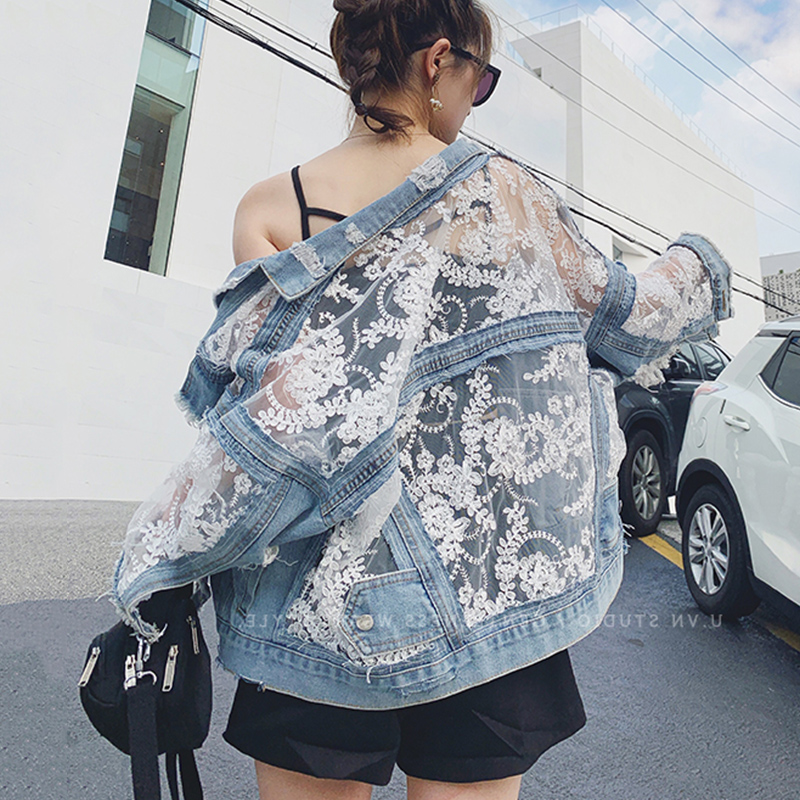 

Streetwear Lace Patchwork Jean Hole Denim Jacket Coat Women Oversized Long Sleeve Perspective Flower Embroidery Loose Overcoat, Blue