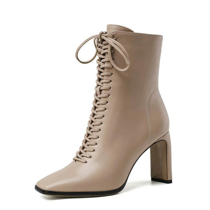 

High heel short boots women spring and autumn single boots square toe high heels thick heel strap handsome, Blue